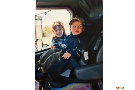 Two-year-old Raphaël Lessard , in the truck